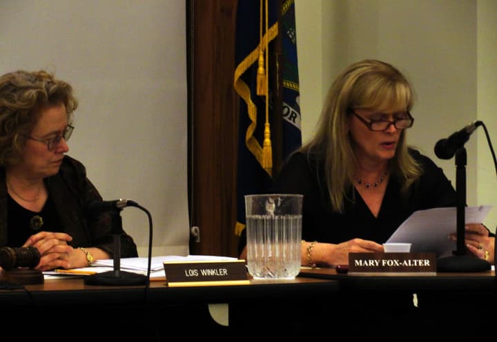 Pleasantville Board of Education President Lois Winkler, left, and Superintendent Mary Fox-Alter along with the rest of the board are presenting a budget that will eliminate four teacher assistants and ten teacher aides.