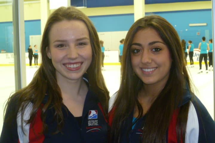 Greenwich High School seniors Brooke Abbott, left, and Alexandra Scarpulla will skate for the Skyliners Junior synchronized skating team in national and international events over the next few weeks.