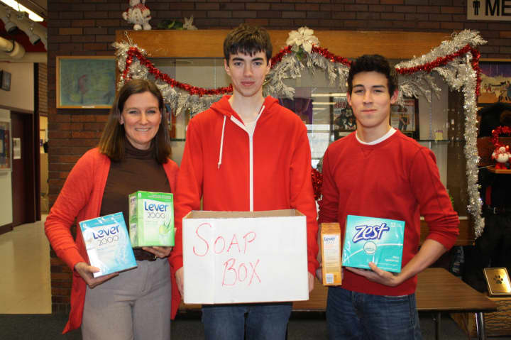 Adviser Jeanne Claire Cotnoir, juniors Myles Ellis and Gerardo
Munoz and other members of Briarcliff High Schools Coalition for Human Dignity, organized a schoolwide soap drive this month to collect bars of soap for refugee camps in East Africa.