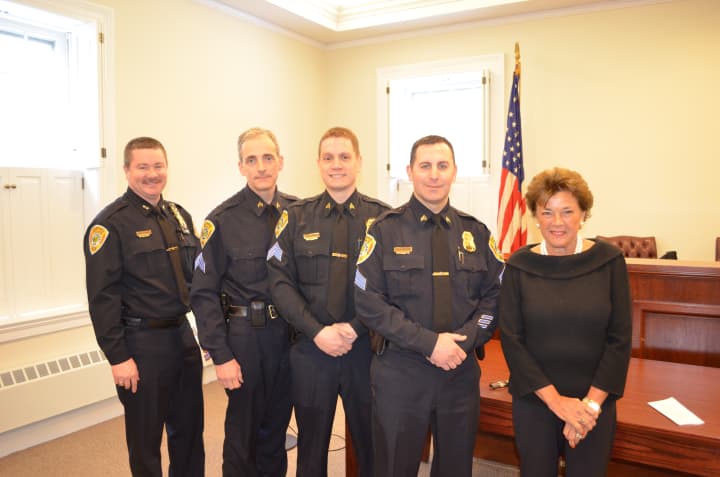 Three Bedford Police officers were sworn in to the rank of sergeant Thursday. Pictured from left to right: Police Chief William Hayes, Sgt. Richard Hubert, Sgt. Michael Callahan, Sgt. Vincent Gruppuso and Town Supervisor Lee Roberts.