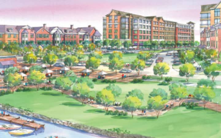 This image shows an artist&#x27;s rendering of the proposed Echo Bay Redevelopment Project in New Rochelle.