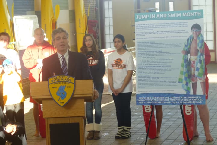 White Plains Mayor Thomas Roach spearheaded the swimming initiative that was discussed Monday at White Plains High School.