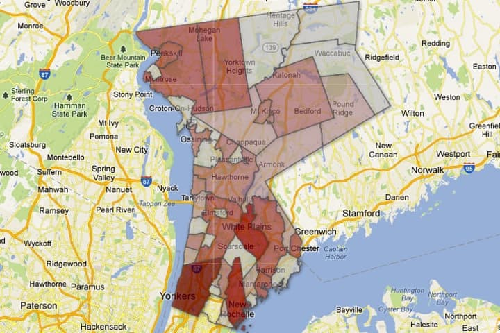 This map of Westchester County illustrates the rate of domestic violence reports where the redder the area, the more reports it has.