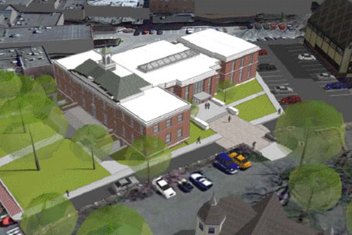 The Town Hall Building Committee chose to go with this design, shown in a rendering of the proposed renovated site.