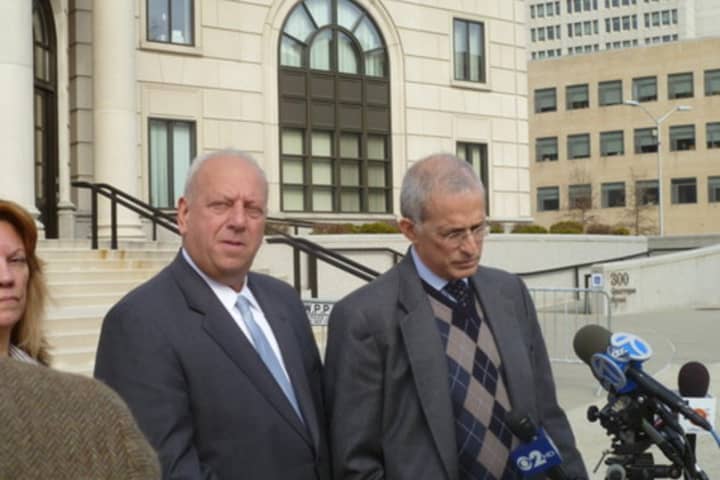 Former State Sen. Nicholas Spano, seen here with attorney Richard Levitt in front of the U.S. Courthouse in White Plains, was released from prison Tuesday. 