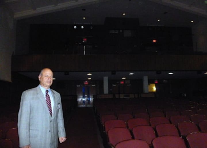 John Kehoe, assistant superintendent of the Bronxville school district, stands in the Bronxville School&#x27;s auditorium, which is to be renovated. The entire balcony behind him has been closed for the past year because of safety concerns.