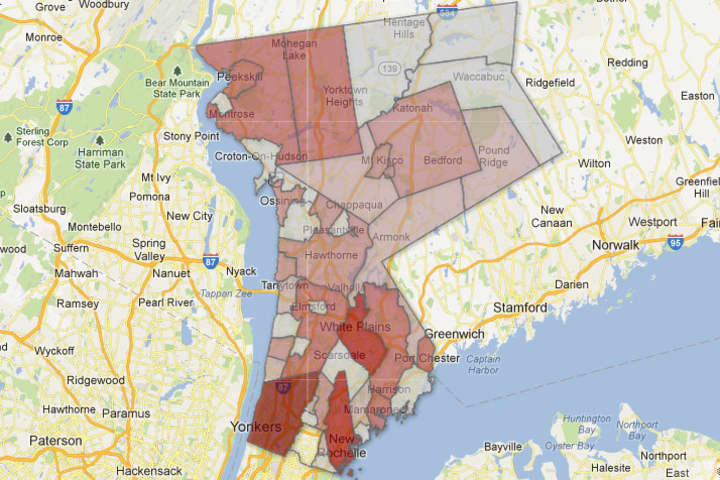 This map shows the number of domestic incident reports in Westchester County in 2010. Dark red areas represent a higher number of reported incidents