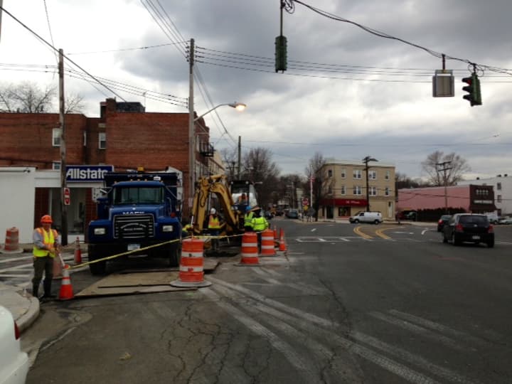 The intersection of Waverly and Mamaroneck avenues is blocked because of repairs to a water main.