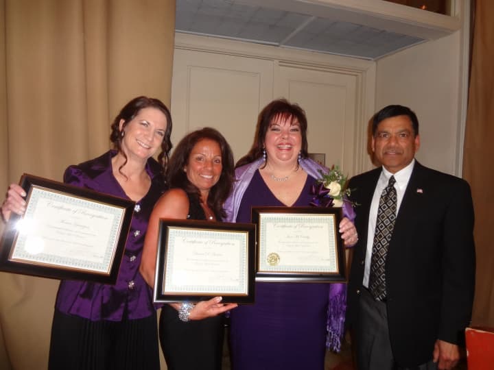 L-R: Relay for Life leaders Monnica Garrigan, Donna D&#x27;Andrea and Jane McCarthy pose with Yorktown Council member Vishnu Patel.
