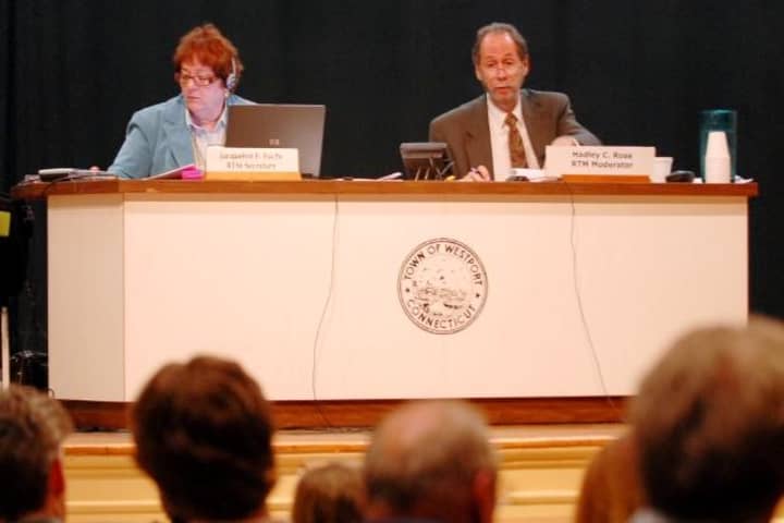 Westport Representative Town Meeting Moderator Hadley Rose, right, stepped down Tuesday night.