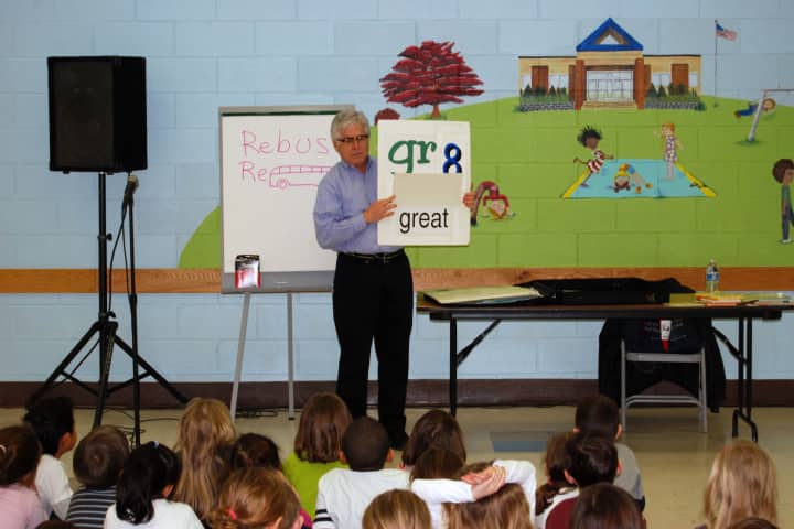 Author David Adler visits North Salem PQ first-graders on Monday.