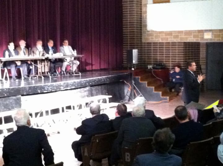 Yonkers Mayor Mike Spano speaks Wednesday at a town hall forum inside Lincoln High School. 