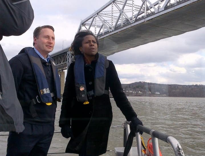 County Executive Rob Astorino stands beneath Westchester-Rockland connector, the Tappan Zee Bridge, with ABC correspondent Deborah Roberts on &quot;20/20.&quot;