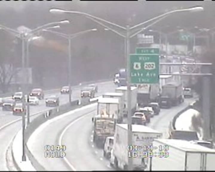 Traffic is backing up on westbound I-84 past the Route 7 interchange toward Exit 5 in downtown Danbury.