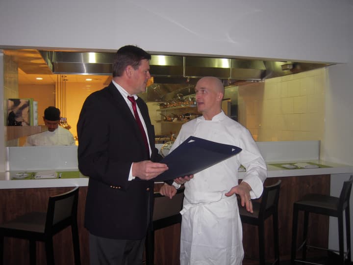 State Rep. Tom O&#x27;Dea, R-125, meets with Brian Lewis, owner and chef at Elm Restaurant in New Canaan, to celebrate his first anniversary in business. 
