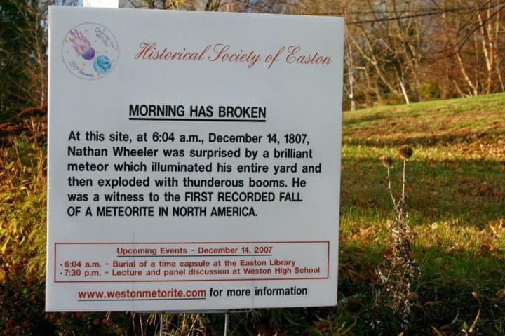 This sign marks the site of the first documented meteorite crash in North America, located in Easton. 
