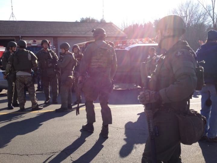 Connecticut State police patrol outside Sandy Hook Elementary School on the morning of Dec. 14. 