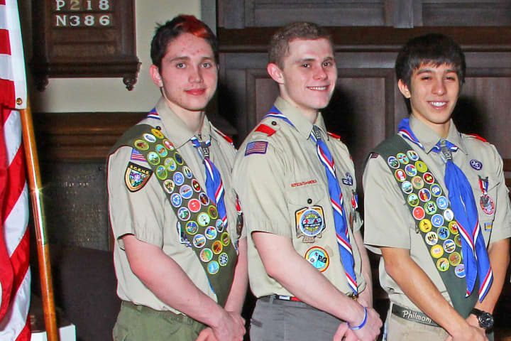 From left: Fairfield&#x27;s Thomas Anania, Michael Tommins and James Cheung all reached the rank of Eagle Scout. 