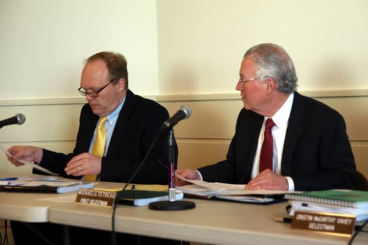 From left: Selectman Kevin Kiley and First Selectman Michael Tetreau discuss Fairfield&#x27;s budget for the 2013-2014 fiscal year.