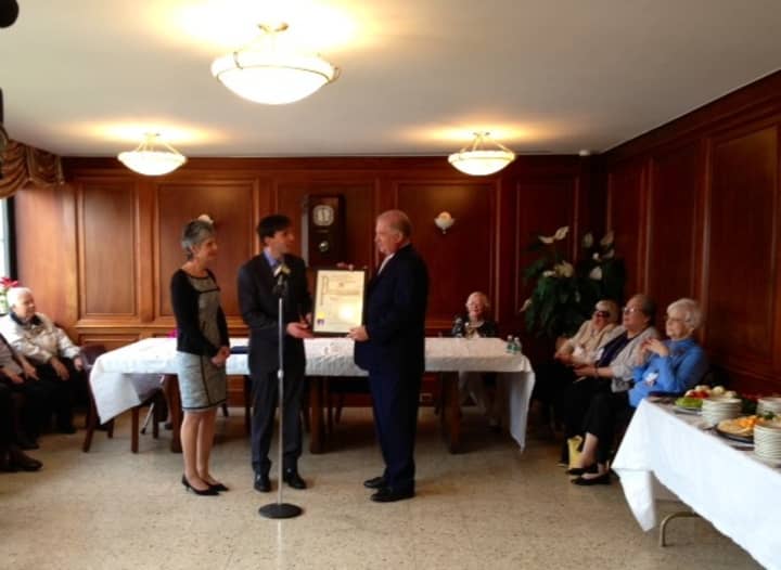 Alisa Kesten, Mayor Noam Bramson, and John R. Spicer at Tuesday&#x27;s reception at SCMM.