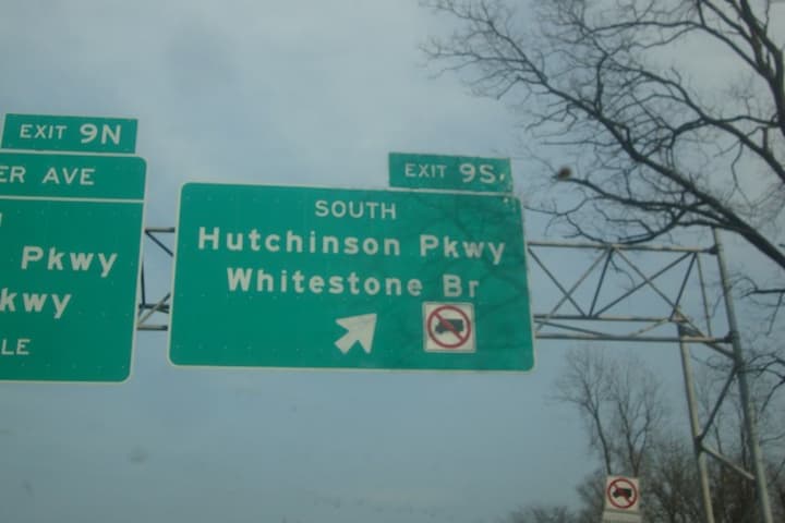 A fallen sign for the Hutchinson River Parkway, similar to this one in Harrison, has caused a disagreement between the state and county over who&#x27;s responsible for fixing it.