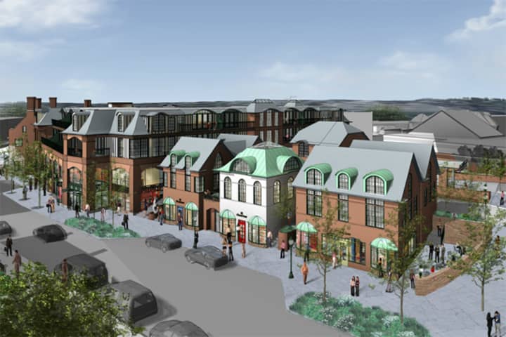 A rendering of the proposed Bedford Square project shows three of the four new buildings that would be built on the Gunn property on Church Lane.