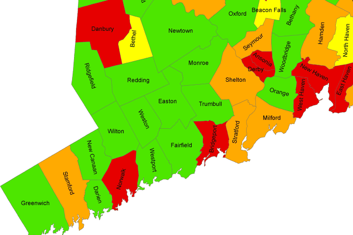 This map shows Fairfield County&#x27;s towns ranked in UConn&#x27;s study of &quot;food security.&quot; Towns in green are in the top quarter, yellow towns have above-average security, orange towns are below average and red towns are in the bottom 25 percent. 