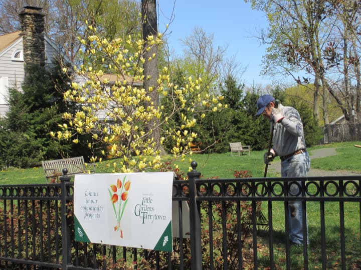 Members of the Little Gardens of Tarrytown help spruce up Neperan Park on Sunday.