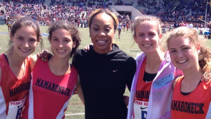 Mamaroneck&#x27;s record breaking relay team pictured with Olympic Gold Medalist Sanya Richards-Ross at The University of Pennsylvania&#x27;s Franklin Field in Philadelphia.