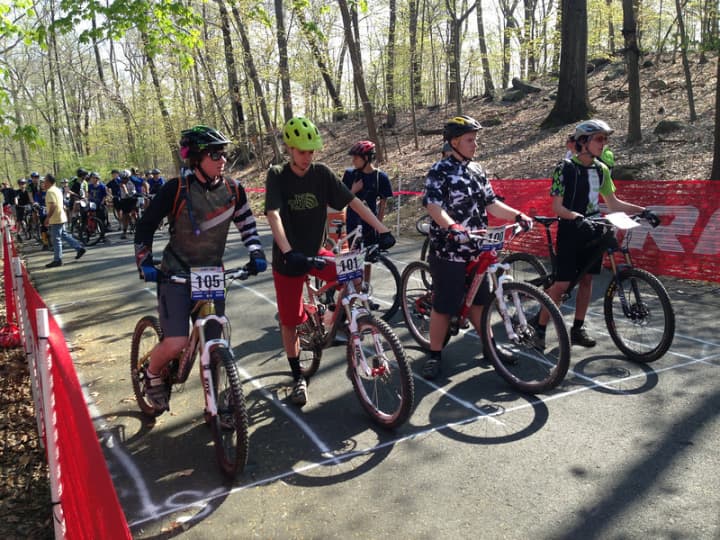 Sophomore racers line up at the start line Saturday for the inaugural race of the New York High School Mountain Bike League at Sprain Ridge Park in Yonkers. 