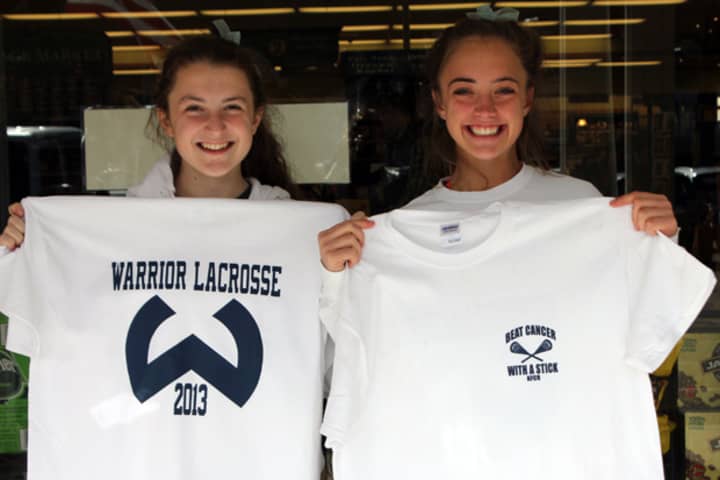 Wilton High School girls lacrosse players Charlotte Noels and Maeve Kennard show off T-shirts that will be for sale during Tuesday&#x27;s benefit game for the National Foundation for Cancer Research.