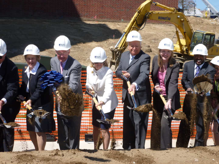 From left, Sue McGraw, Terry McGraw, Nancy McGraw, Mayor Richard Moccia, Norwalk Hospital COO Lisa Brady and Andrew Whittingham at the ground breaking Friday for the new McGraw Center at Norwalk Hospital.