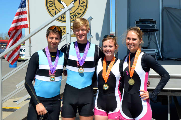 Merritt Cullman, Blake Lange, Bea Tobey and Veronica Hoeft won gold medals in the men&#x27;s and women&#x27;s lightweight doubles for New Canaan Crew at the Long Island Sprints.