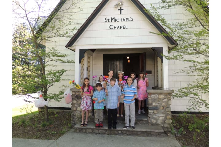 Children gathered at St. Michael&#x27;s in Old Goldens Bridge for &quot;The Crowning of Mary&quot;.