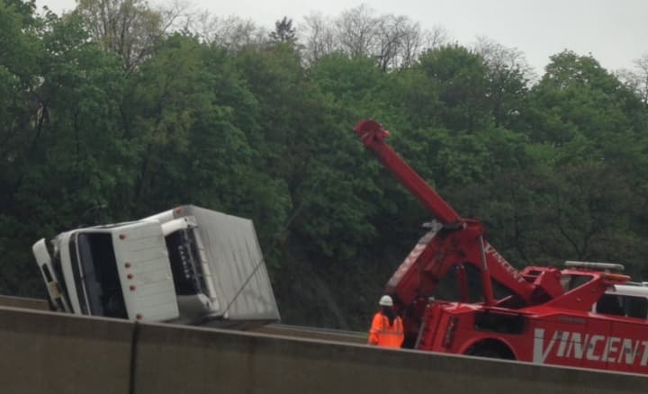 A truck flipped on its side on Interstate 287 near White Plains Thursday afternoon. 