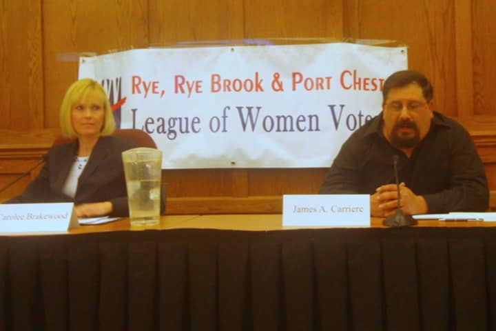Carolee Brakewood and James Carriere met in a debate Tuesday night as they campaign for the Port Chester Board of Education.