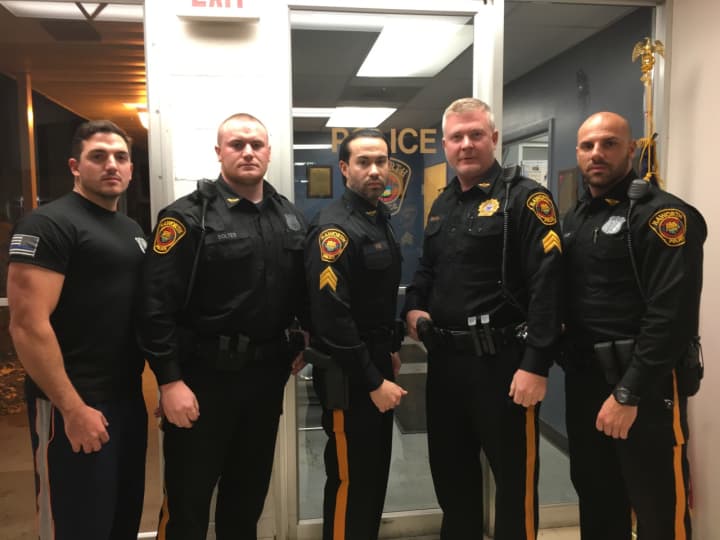 Haworth police officers (from left): Officer James DiVite, Andrew Soltes, Detective Sgt. Justin Fox, Sgt. Thomas Smith, Officer Gianluca Argon. 