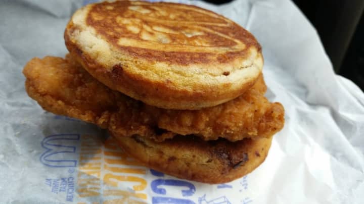 McDonald&#x27;s is testing a new Chicken McGriddle sandwich, which is a fried chicken patty between two pancake-like cakes.