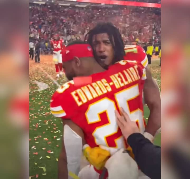 Kansas City Chiefs running back Isiah Pacheco hugs fellow rusher Clyde Edwards-Helaire after winning Super Bowl LVIII.