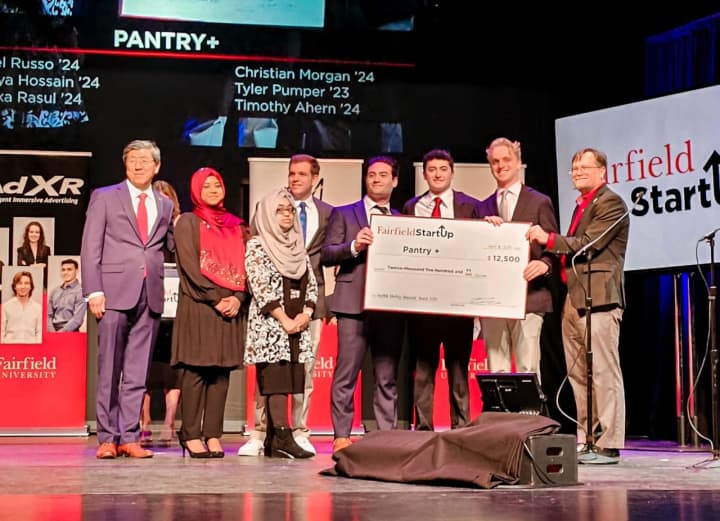The team from Pantry +, which includes Fairfield University Class of &#x27;24 students  Tim Ahren, Suraiya Hossain, Daniel Russo, and Christian Morgan, won the top prize: $12,500 in seed money for their new business.