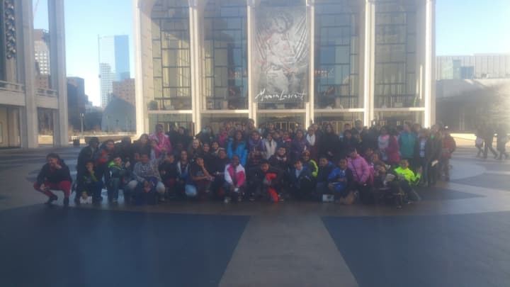 Peekskill students assemble outside Lincoln Center during a two-day field trip.