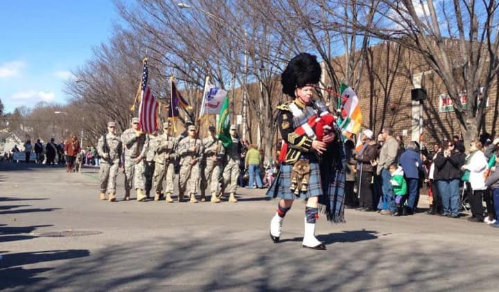 Pipe Major Joe Brady and The Fighting 69th lead the Peekskill St. Patrick&#x27;s Day Parade.