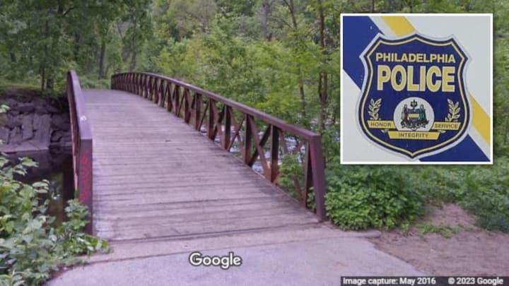 The footbridge at Pennypack Park Trail; Philadelphia police.&nbsp;