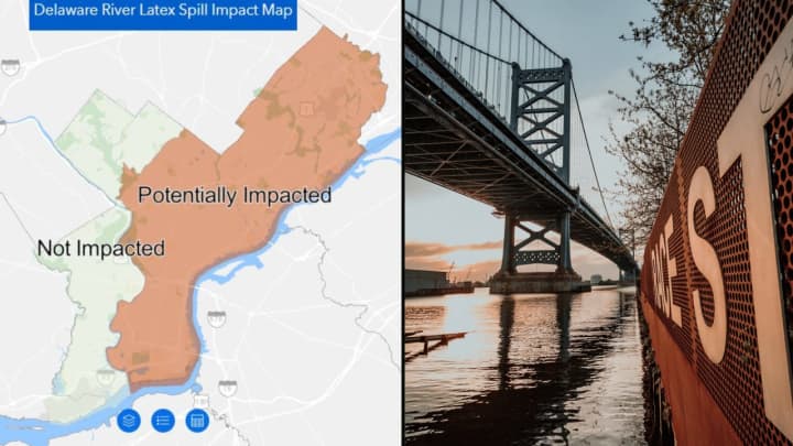 Left: the area potentially affected by the March 24 chemical &quot;release.&quot; Right: The Delaware River