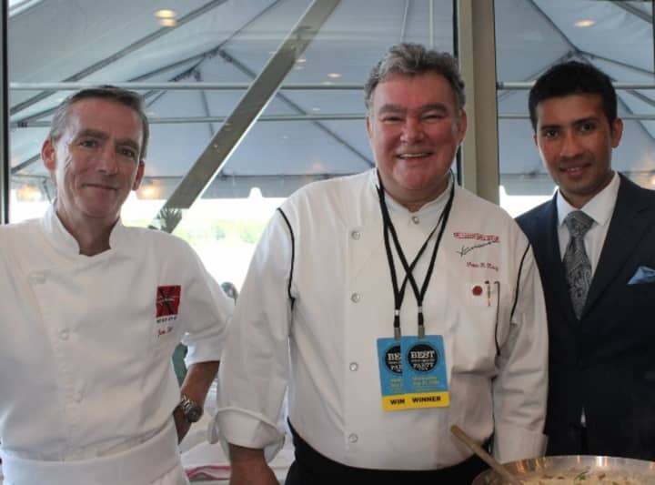 Chef Peter X. Kelly, center, at &quot;Best Of Westchester&quot; party, flanked by brother James, left, and Restaurant X Manager Mynor.