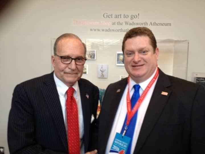 Weston Republican Town Committee Chair Bob Ferguson shares a moment with Larry Kudlow at the Connecticut GOP Convention in Hartford.