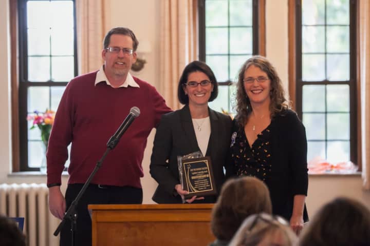 State Rep. Cristin McCarthy Vahey of Fairfield receives a leadership award from the Keep the Promise Coalition.