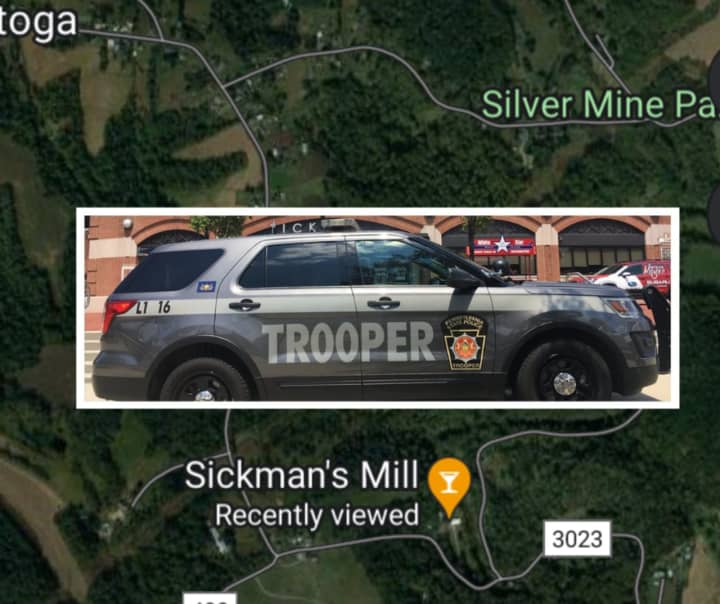 Sandhill, Goods, and Sickman Mill roads and a Pennsylvania state police vehicle.