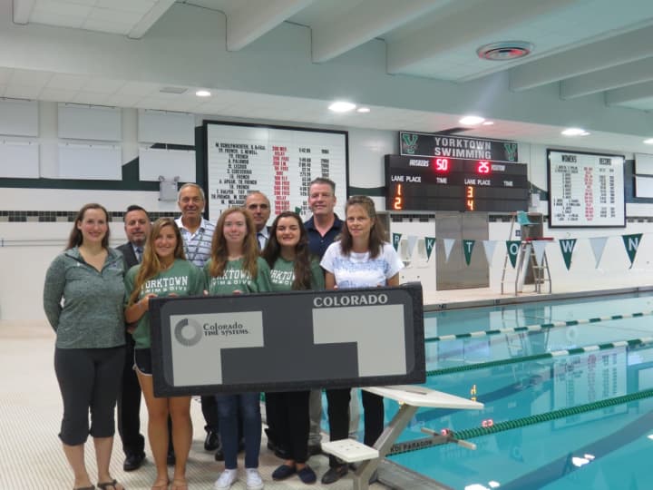 Student swimmers are happy with a new $20,000 scoreboard the swimming pool at Mildred E. Strang Middle School in Yorktown.