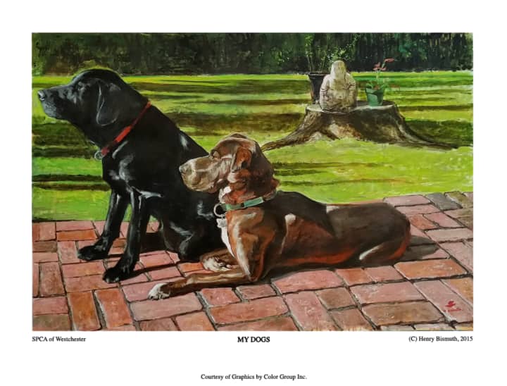 Henry Bismuth recently adopted a lab/shar pei mix from the SPCA of Westchester, named Coco Chanel. he painted a portrait of Coco and her brother Monty. He is donating poster-size prints for the SPCA to sell to raise funds for the shelter.